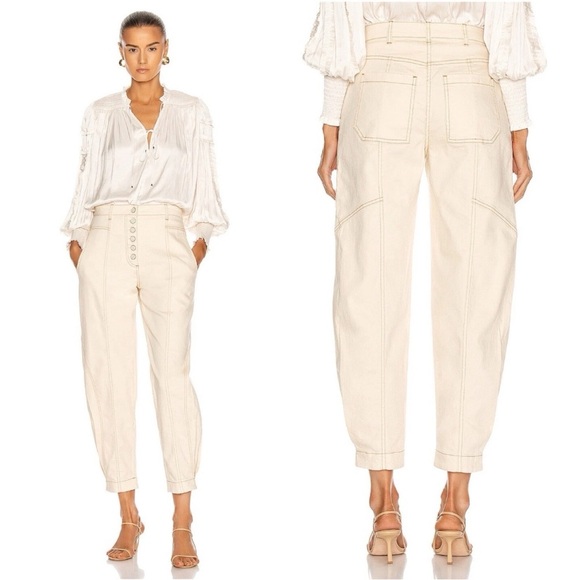 ULLA JOHNSON Women's Brodie Jeans Tapered Ankle Off White Ivory Size 10 Ballon - Picture 1 of 16